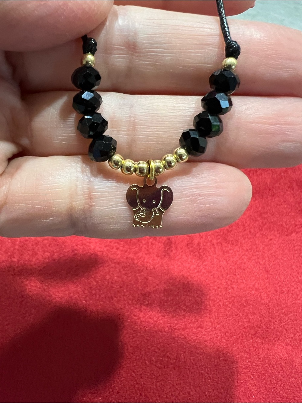 Source Unknown Black Bead Necklace with Gold Elephant Charm